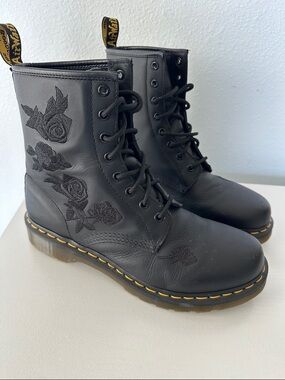 Dr. Martens Black Leather Floral Embroidered Lace-Up Boots | Women’s 11